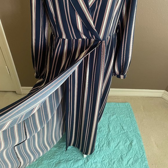 Navy Stripe Surplice Collar Long Sleeve Dress Overlay - Picture 6 of 11